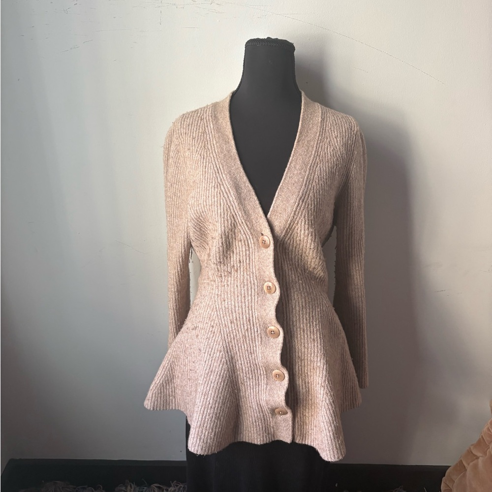 Maeve Beige Ribbed Button-Front Peplum Cardigan